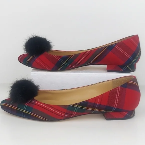 Talbots Edison Tartan Plaid Faux Fur Pom Pom Flats 8.5 - Picture 13 of 15